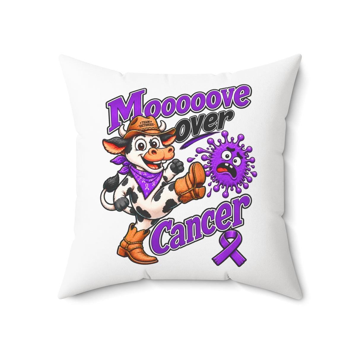 Moooove Over Cancer pillow displayed upright with Team Victories cow artwork