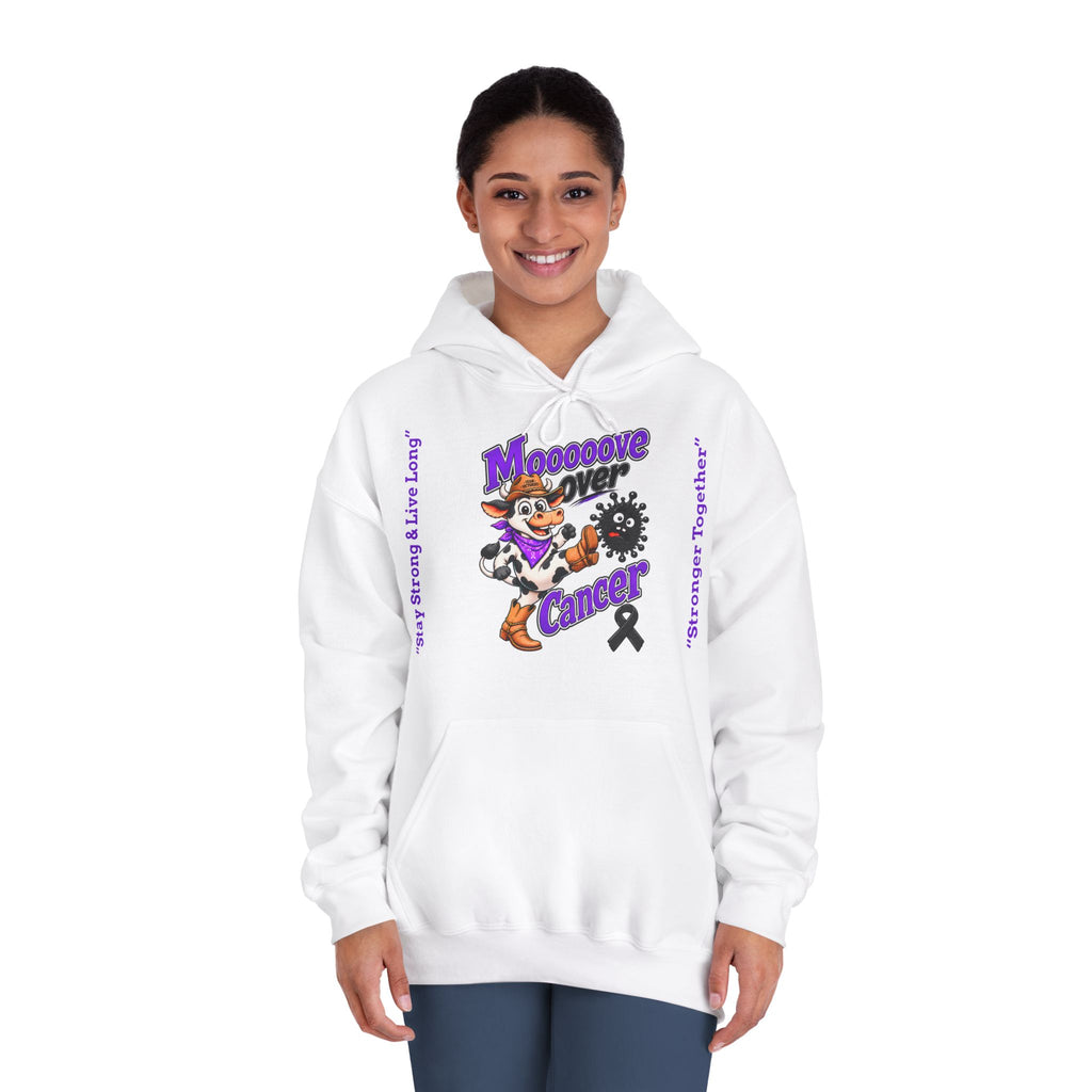 Woman wearing Moooove Over Cancer hoodie with colorful awareness design