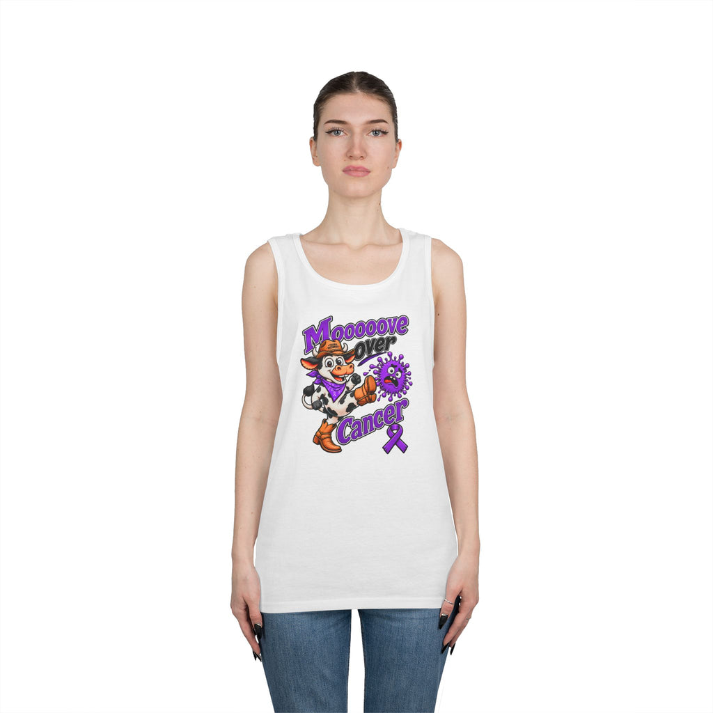 Model wearing the Moooove Over Cancer tank top with Pancreatic Cancer awareness ribbon