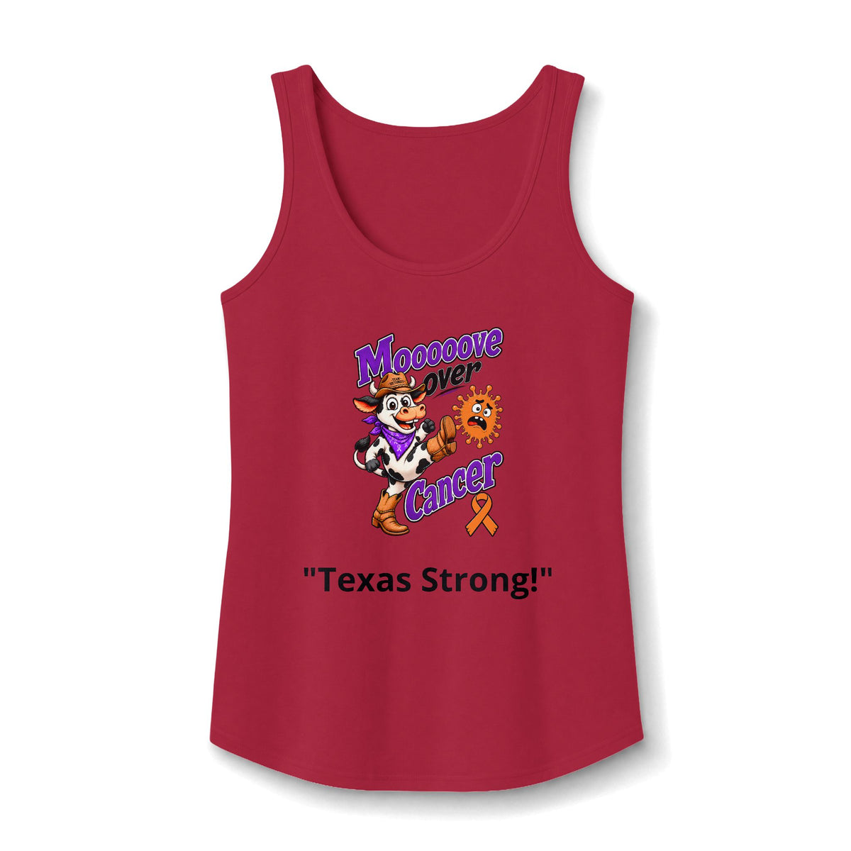 Moooove Over Cancer Texas Strong tank top with Leukemia/Kidney Cancer awareness ribbon, red front