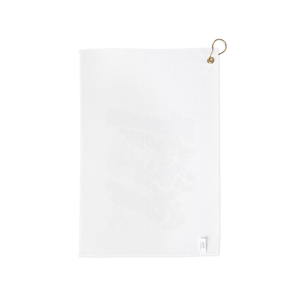 Back view of Moooove Over Cancer golf towel showing white microfiber fabric and gold ring