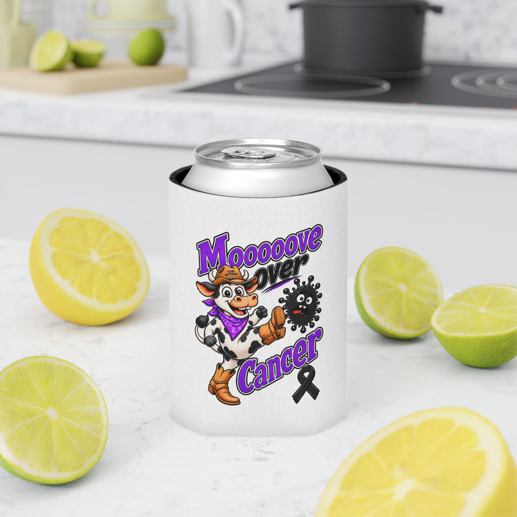 Moooove Over Cancer can cooler displayed with fresh citrus on a kitchen counter