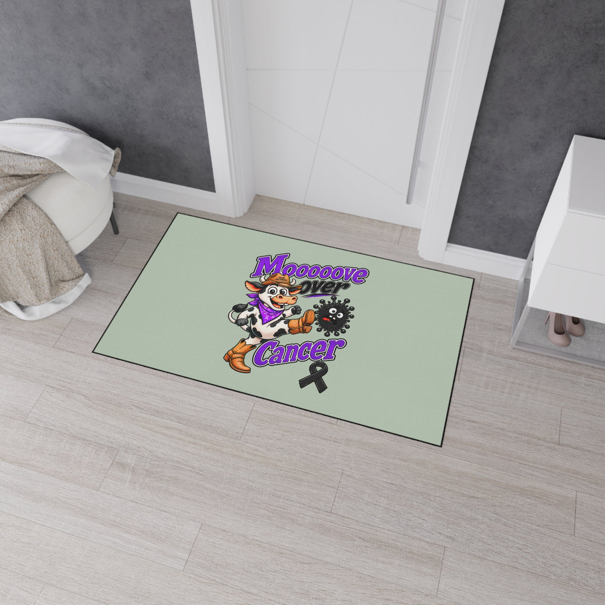 Moooove Over Cancer floor mat in a bedroom setting