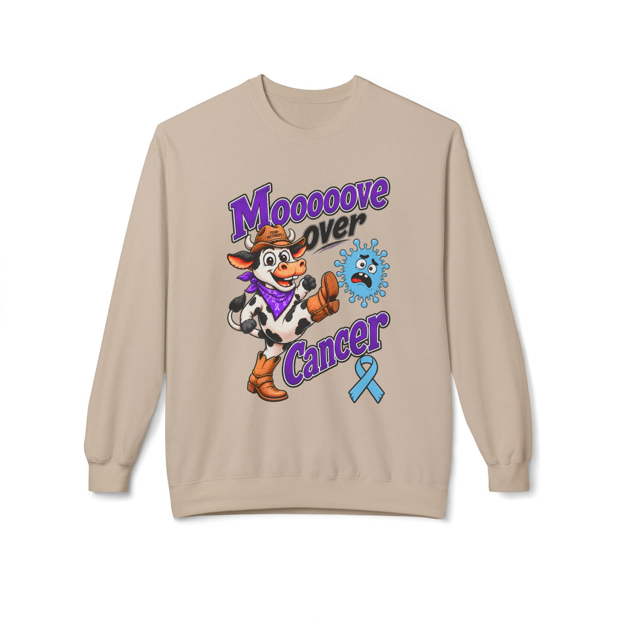 Woman wearing Moooove Over Cancer crewneck with Prostate Cancer awareness ribbon