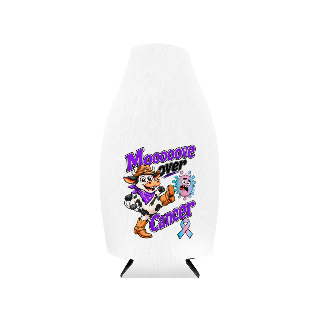 Moooove Over Cancer bottle cooler sleeve with a Thyroid Cancer awareness ribbon design