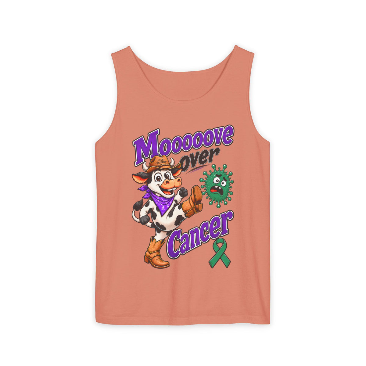 Coral Moooove Over Cancer tank top featuring a cow and Liver Cancer awareness ribbon
