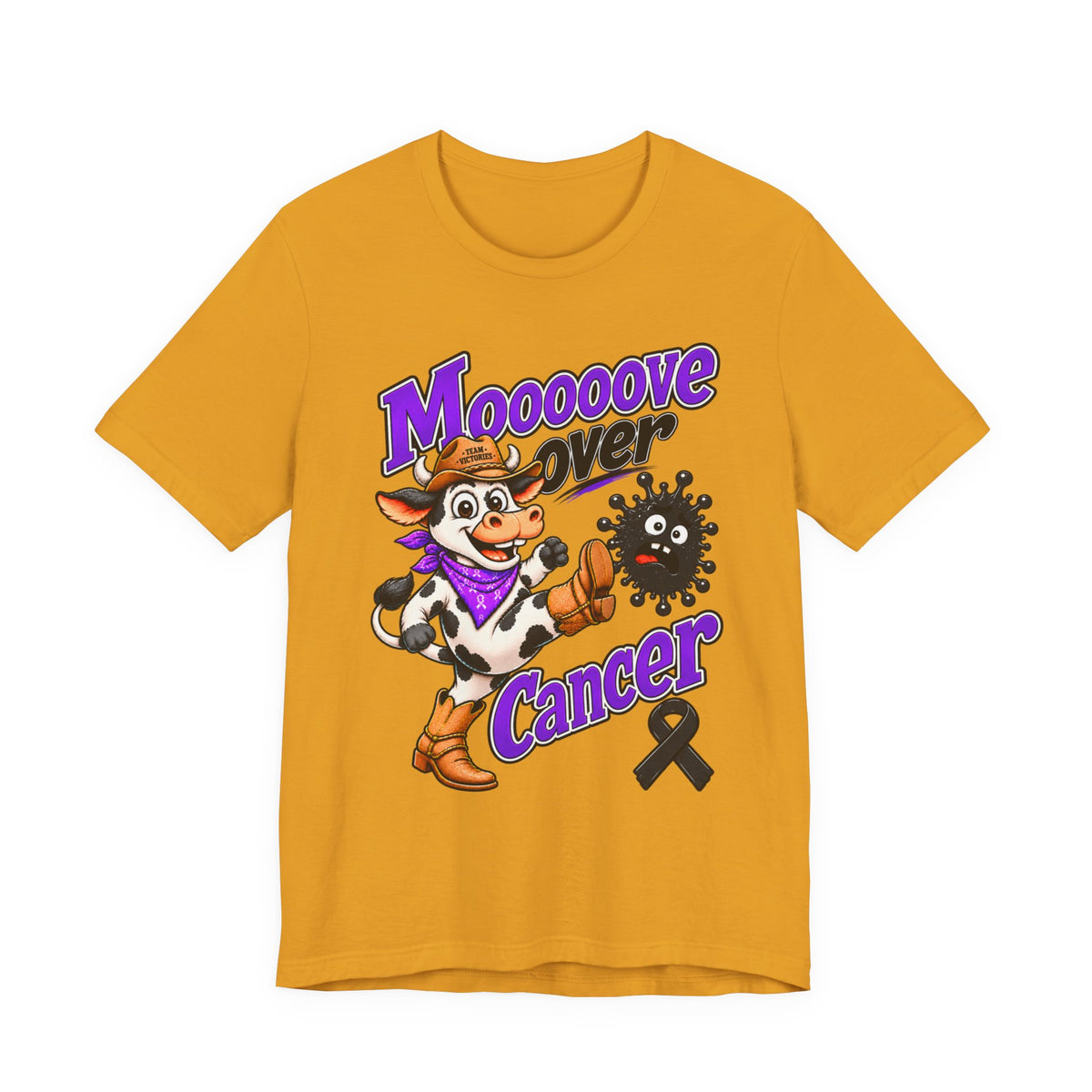 Gold Moooove Over Cancer T-shirt with colorful cancer support artwork