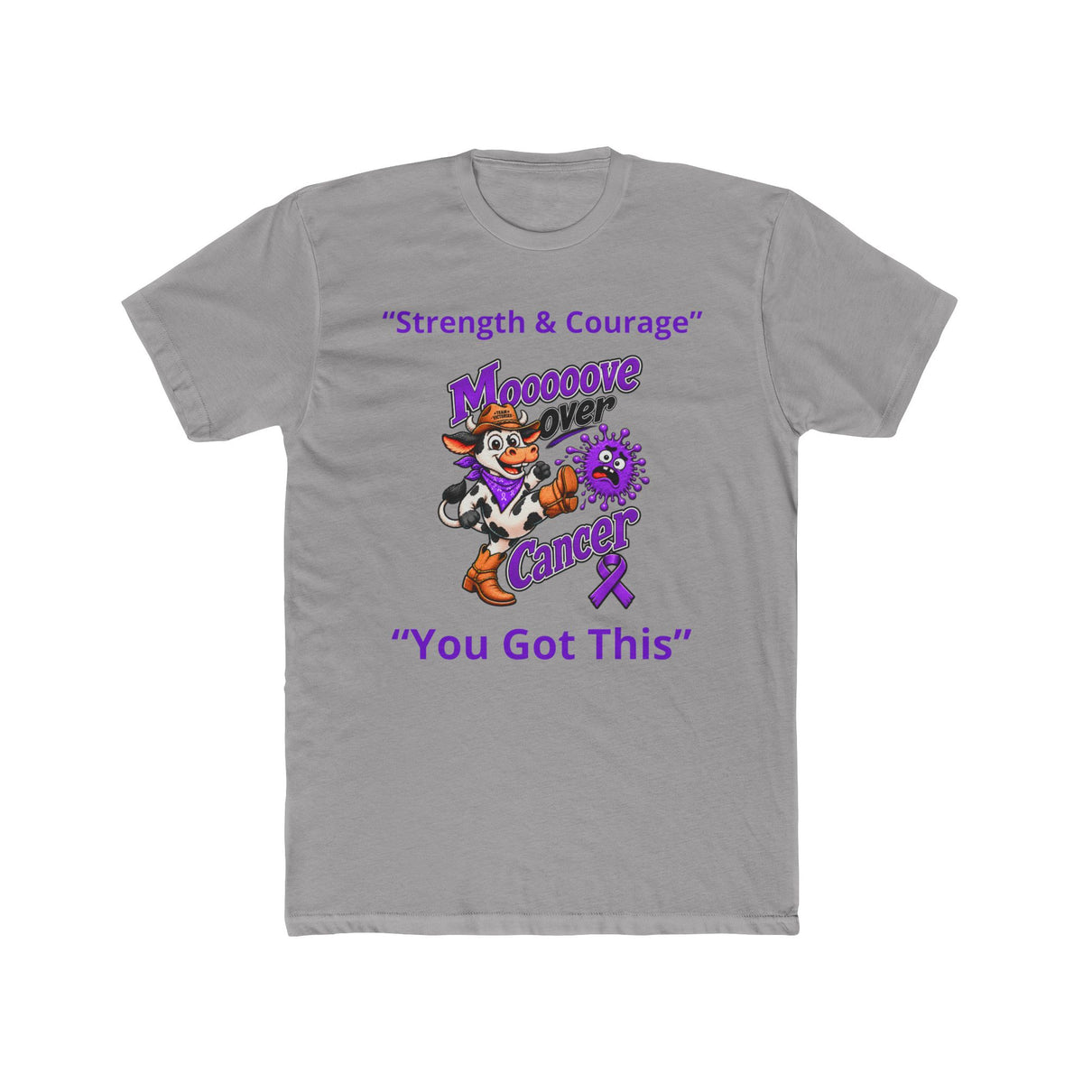 Gray Moooove Over Cancer T-shirt featuring an uplifting Pancreatic Cancer awareness ribbon design