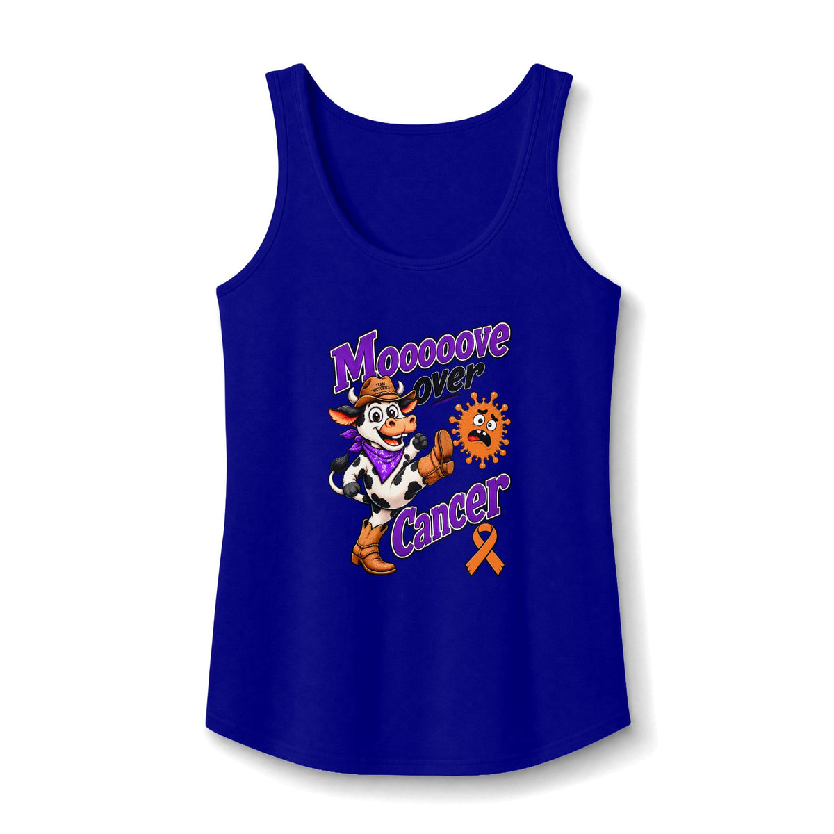 Blue Moooove Over Cancer tank top with Leukemia/Kidney Cancer awareness ribbon artwork