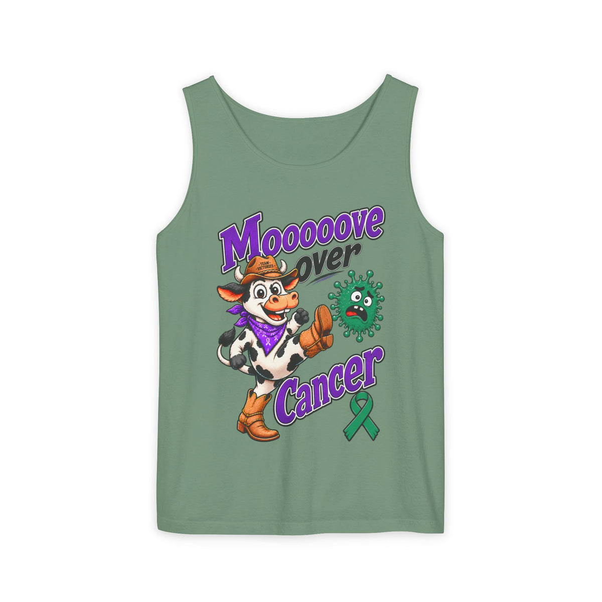 Green Moooove Over Cancer tank top with western cow design and Liver Cancer awareness ribbon