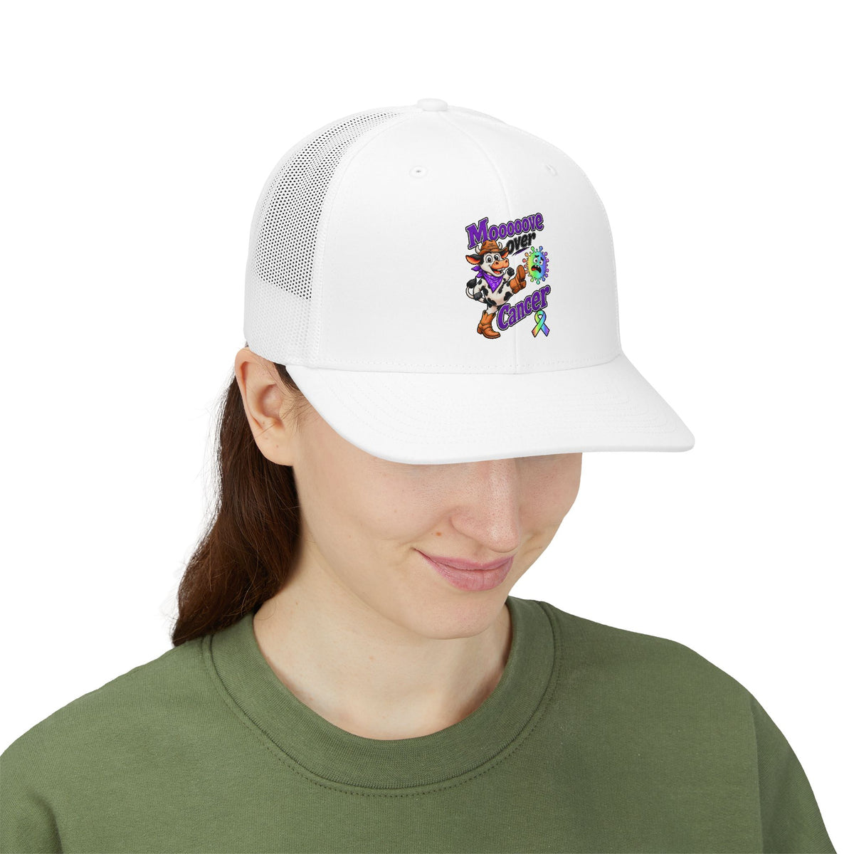 Side view of white Moooove Over Cancer trucker cap with colorful design