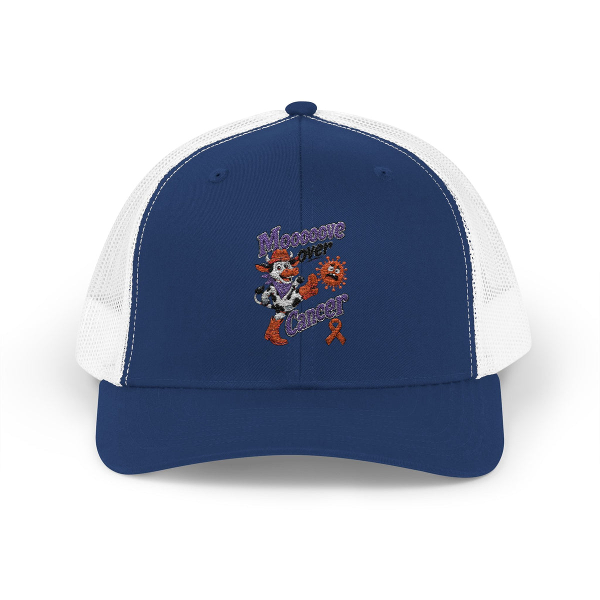 Moooove Over Cancer Uterine Cancer awareness ribbon trucker hat, angled front view