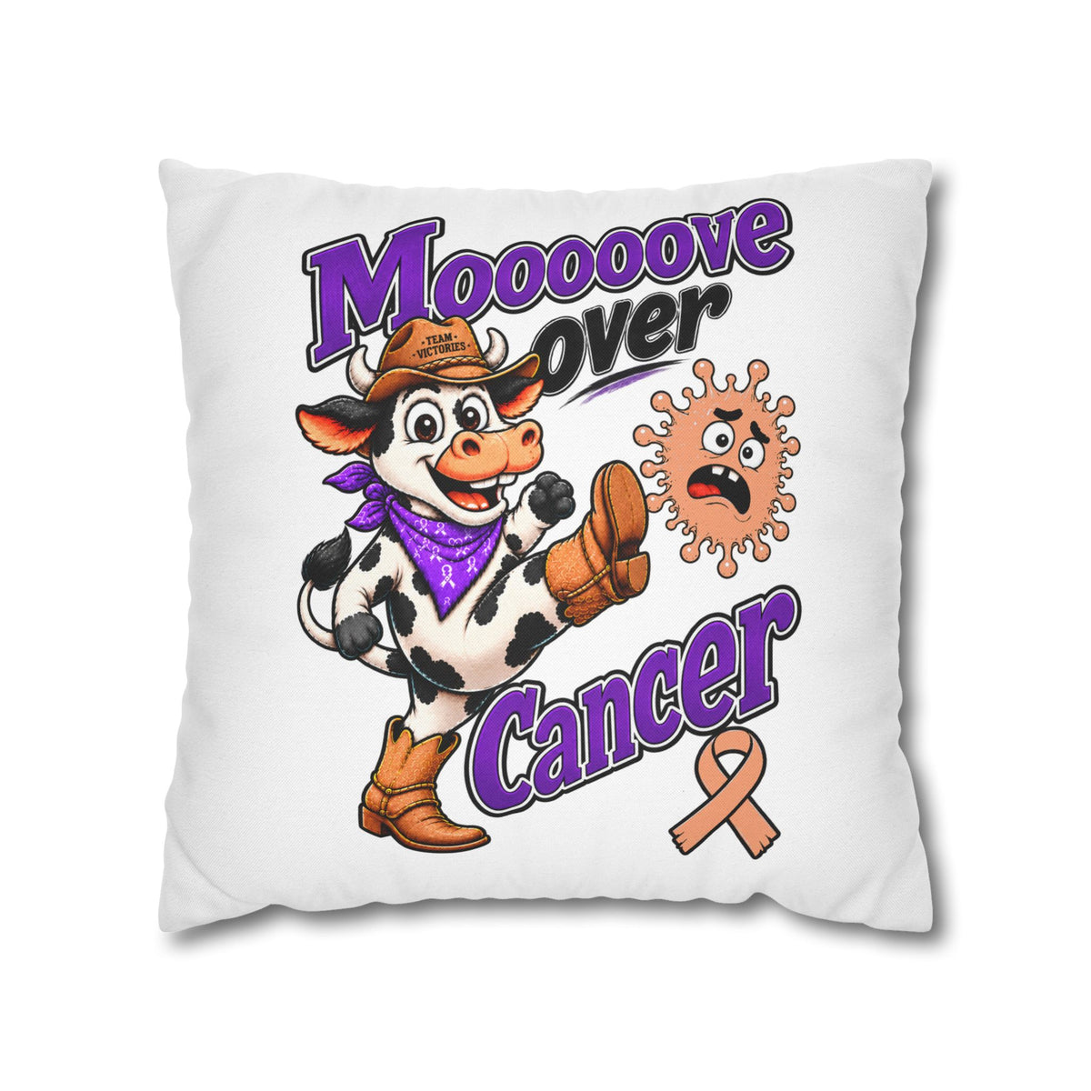 Moooove Over Cancer cow pillow cover showing Team Victories artwork and Uterine Cancer awareness ribbon