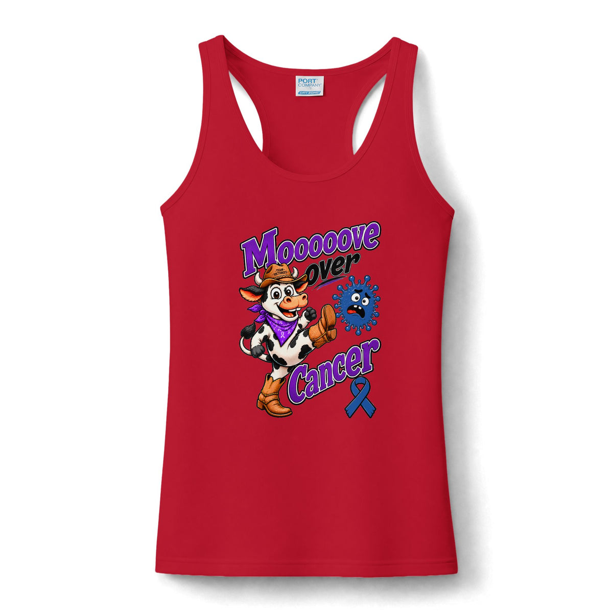 Red Moooove Over Cancer women's tank featuring a Colon Cancer awareness ribbon