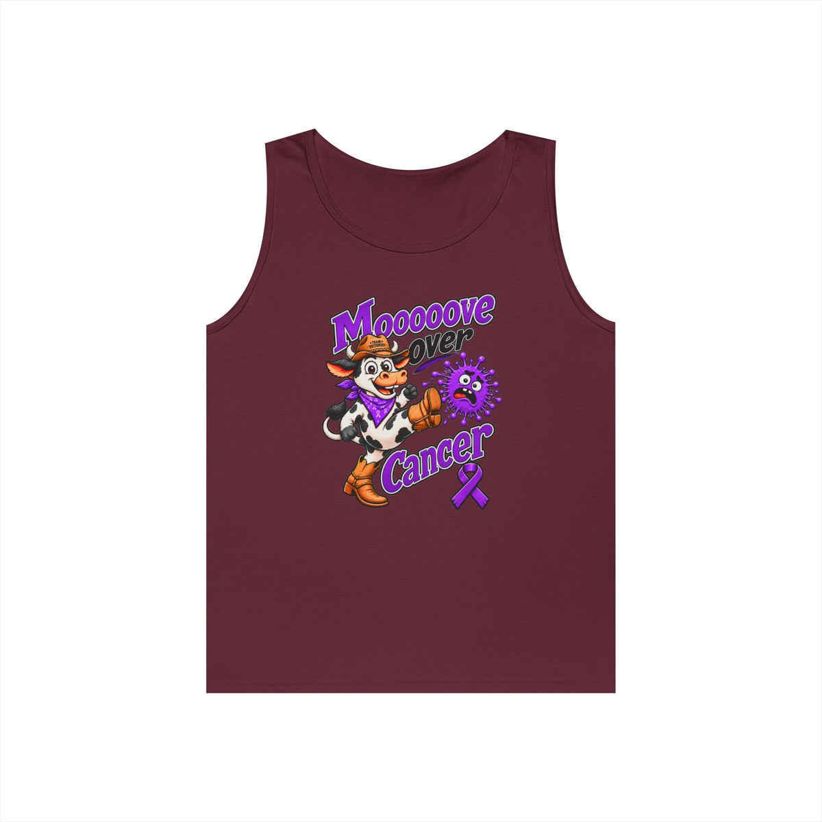 Moooove Over Cancer maroon tank top with Pancreatic Cancer awareness ribbon artwork