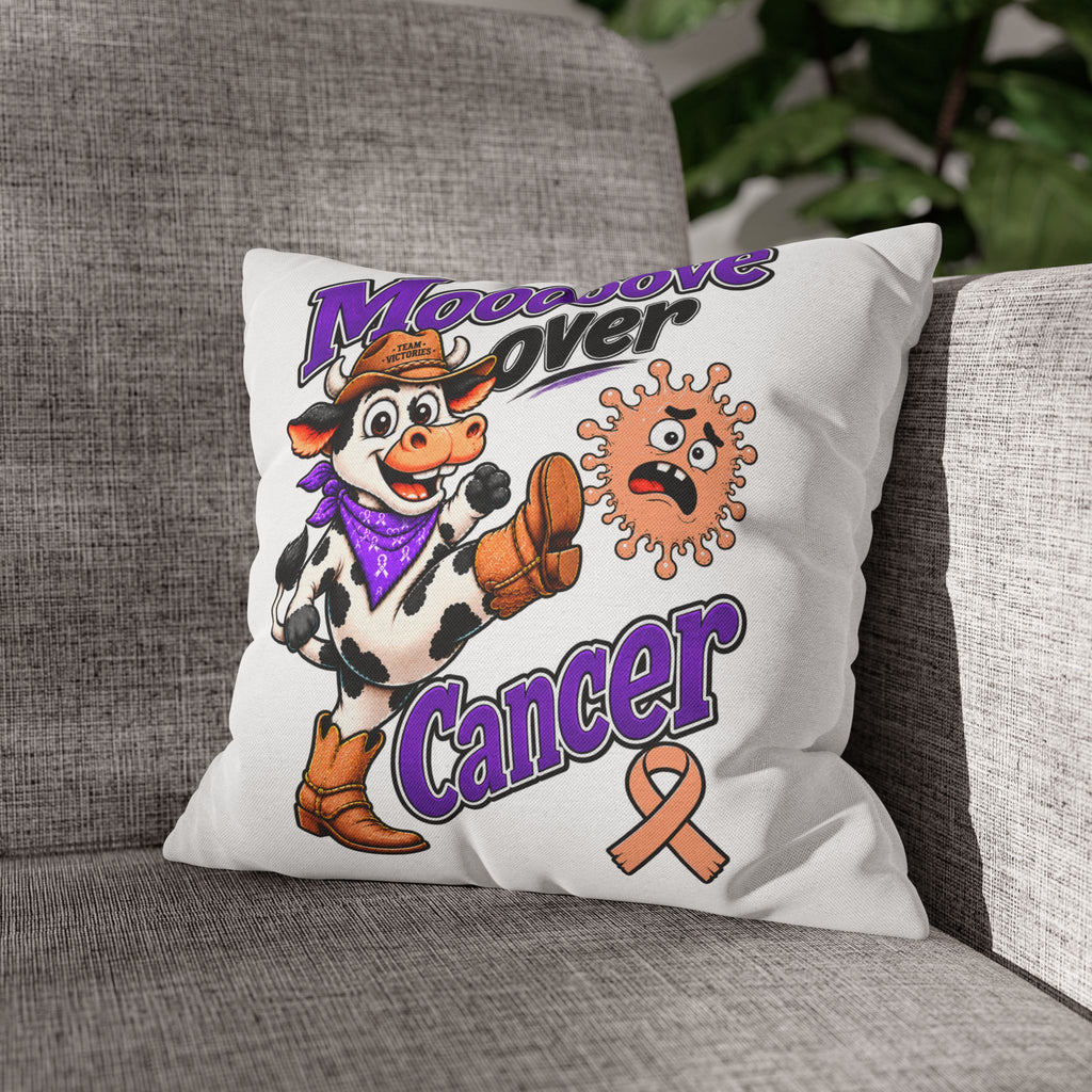 Two Team Victories pillows including Moooove Over Cancer and Uterine Cancer awareness ribbon designs