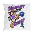 Moooove Over Cancer outdoor pillow with cow design and blue awareness ribbon