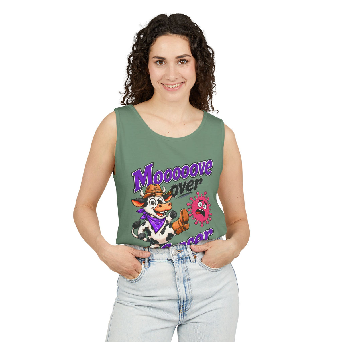 Man wearing turquoise Moooove Over Cancer tank top with Breast Cancer awareness ribbon