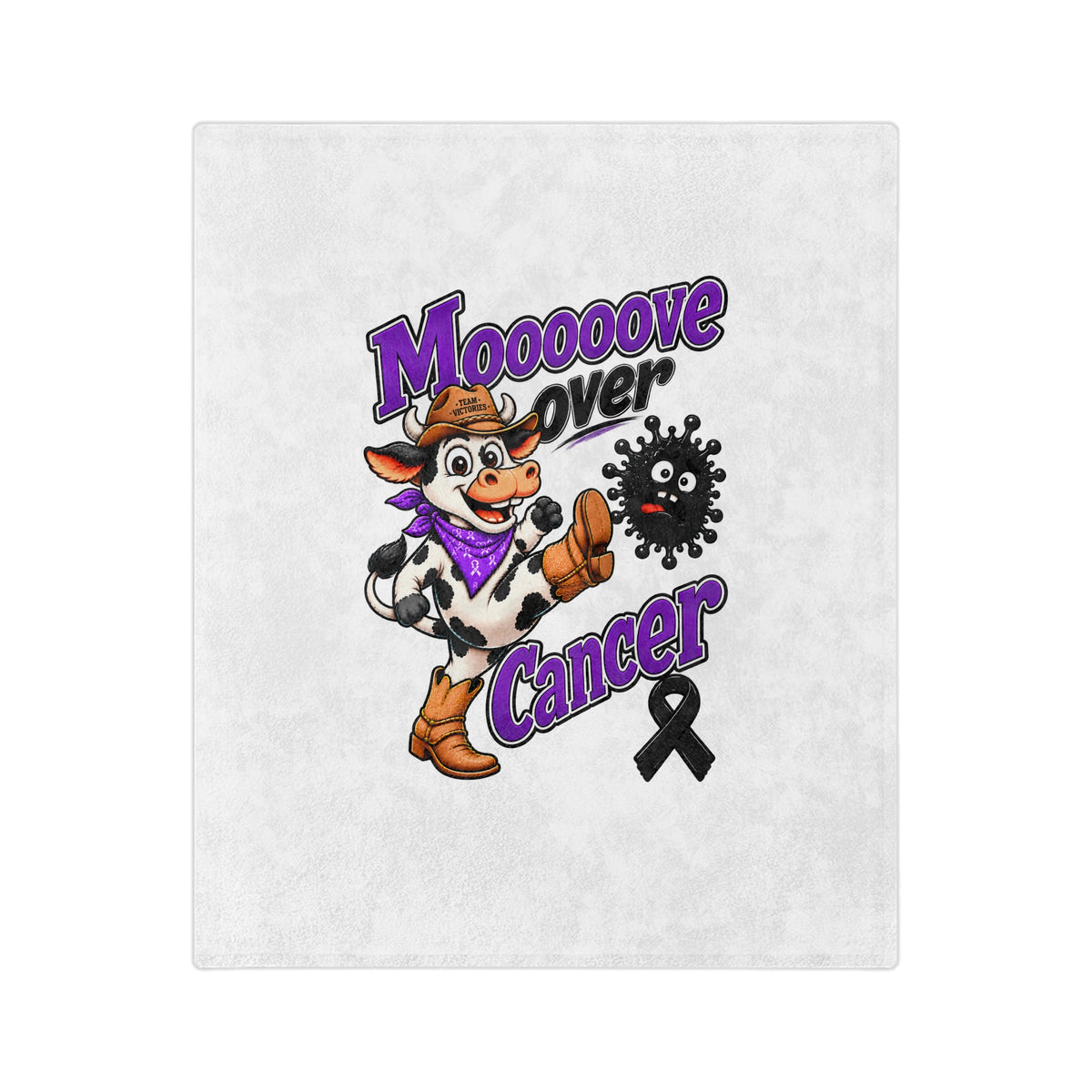 Close view of the Moooove Over Cancer cowgirl blanket design