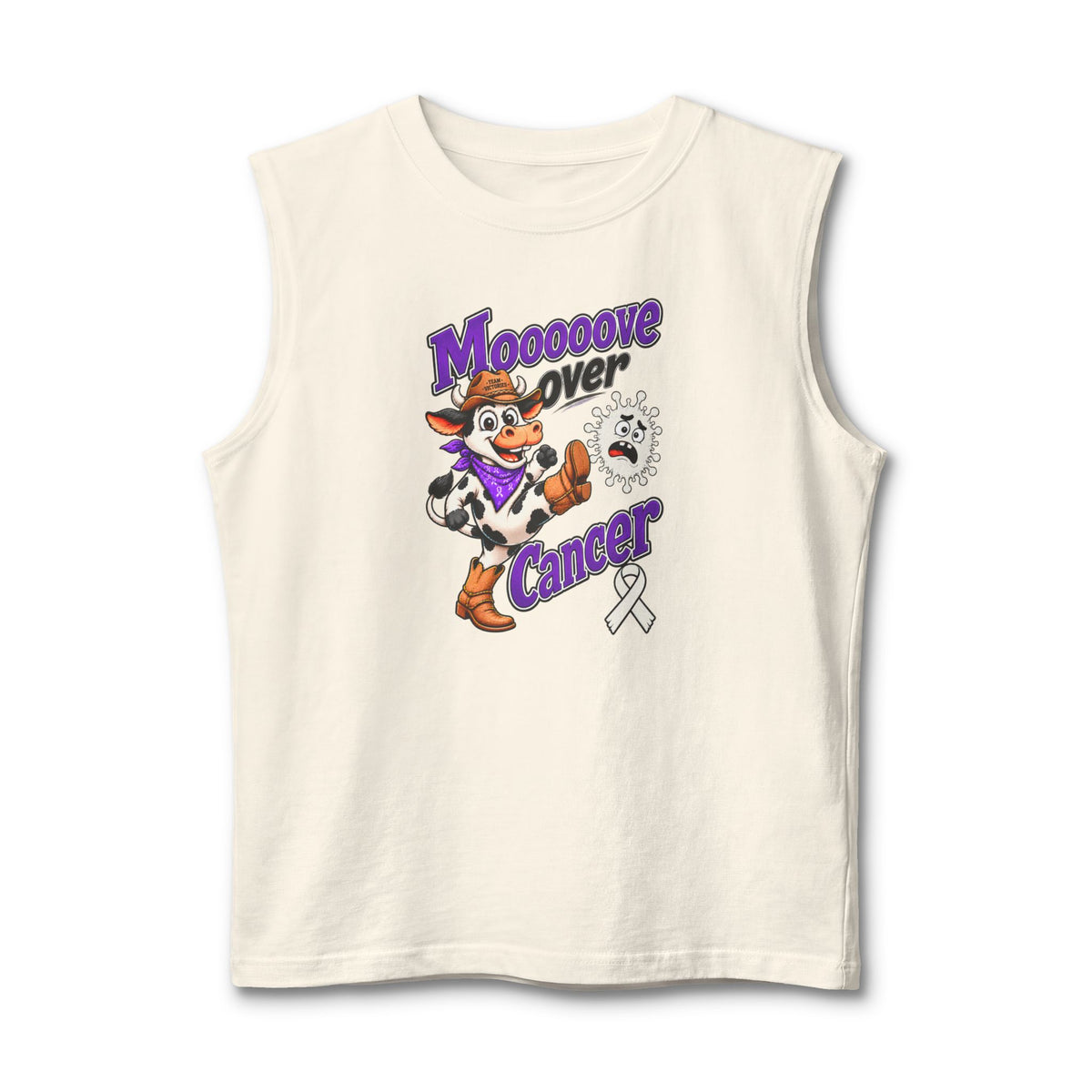Moooove Over Cancer cream tank top featuring a Lung Cancer awareness ribbon