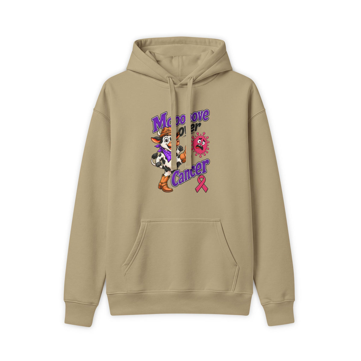 Moooove Over Cancer hoodie with pink Breast Cancer awareness ribbon, tan front view