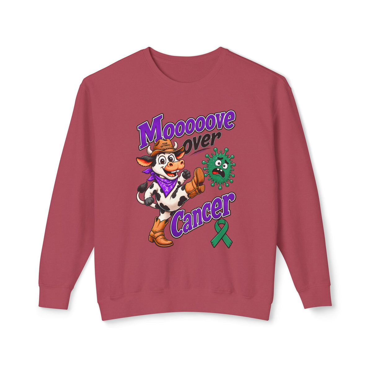 Moooove Over Cancer sweatshirt with cow design and Liver Cancer awareness ribbon in red