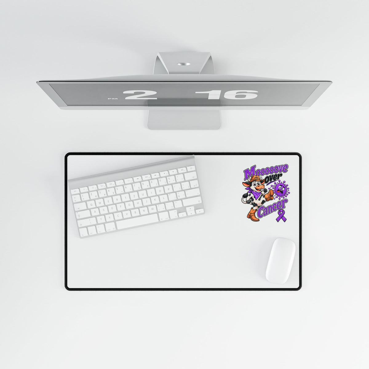 Moooove Over Cancer desk mat with keyboard and mouse, featuring Pancreatic Cancer awareness ribbon artwork