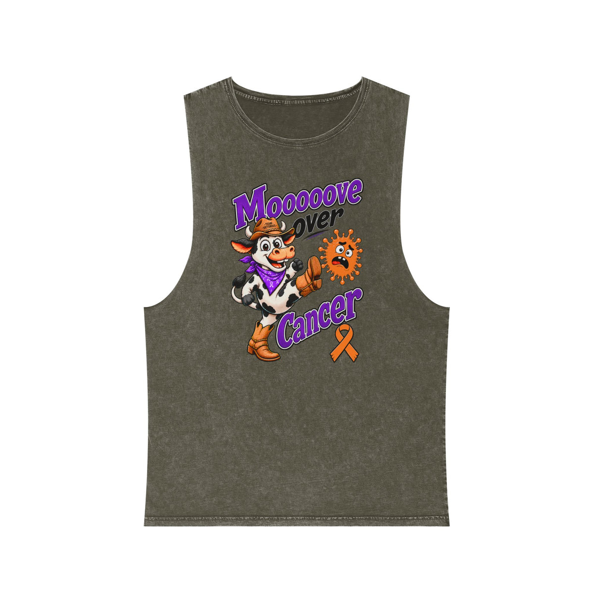 Moooove Over Cancer tank top with cow graphic and Leukemia/Kidney Cancer awareness ribbon, olive front