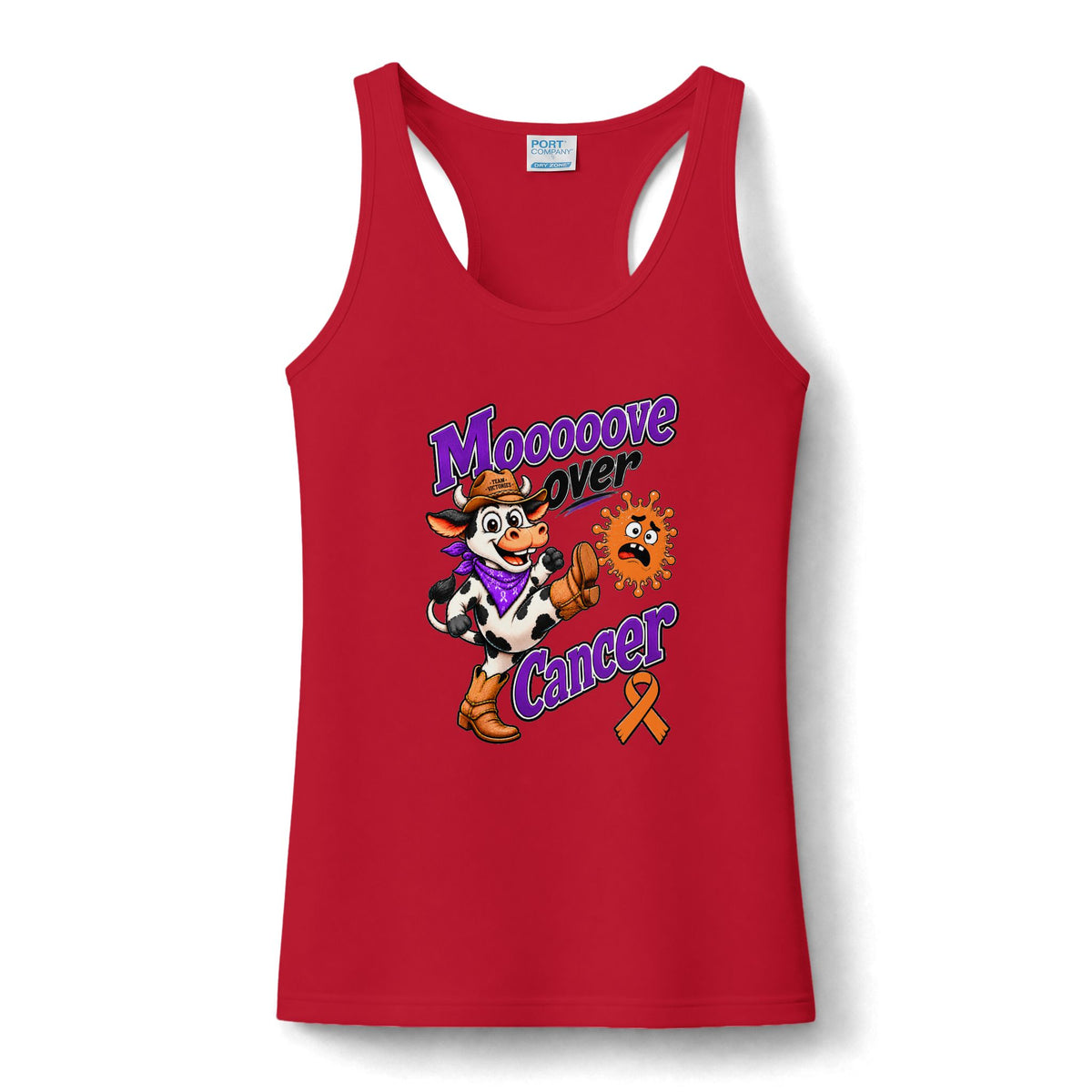 Moooove Over Cancer women's performance tank top in red with an orange awareness ribbon
