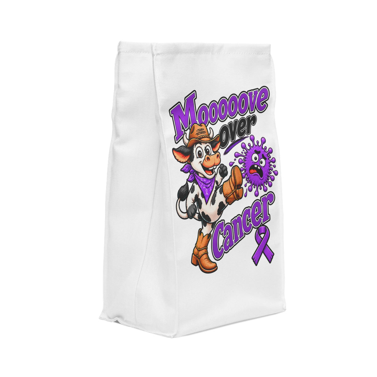 Moooove Over Cancer insulated lunch bag side view with colorful cow design