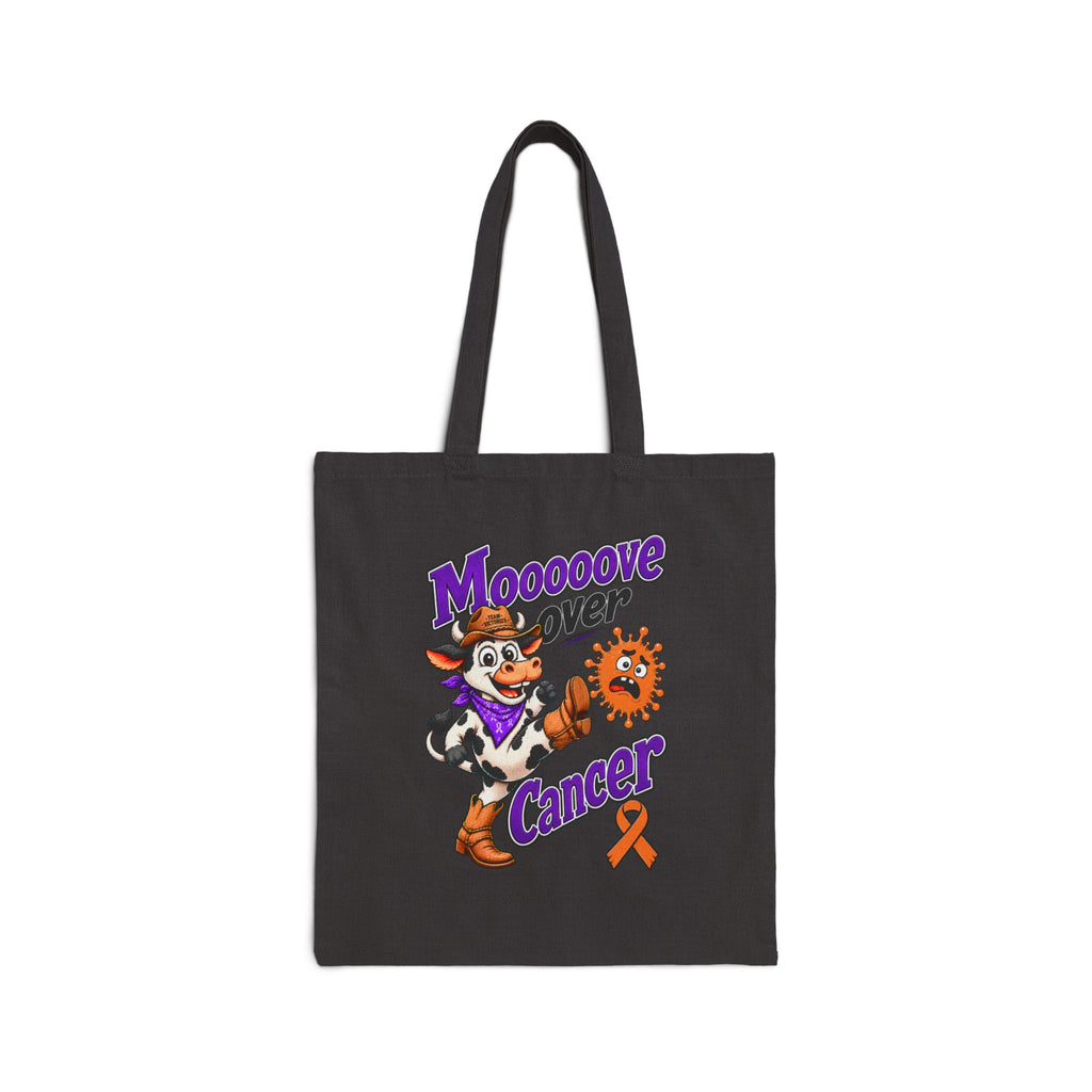 Black Moooove Over Cancer canvas tote with colorful cow graphic and orange awareness ribbon