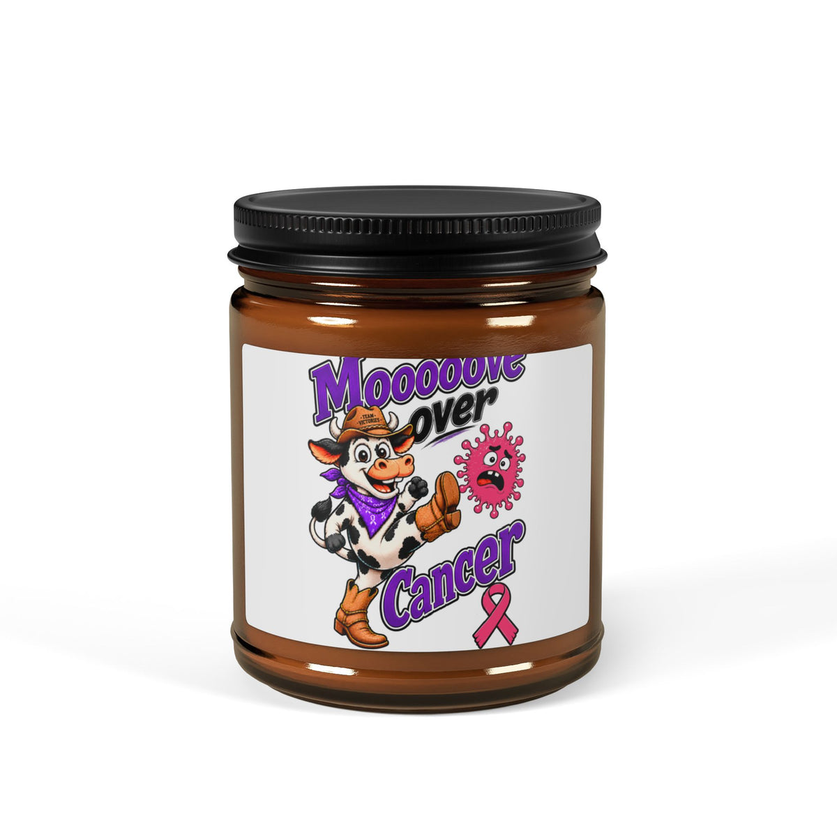 Moooove Over Cancer amber jar candle showing the cow design and Breast Cancer awareness ribbon