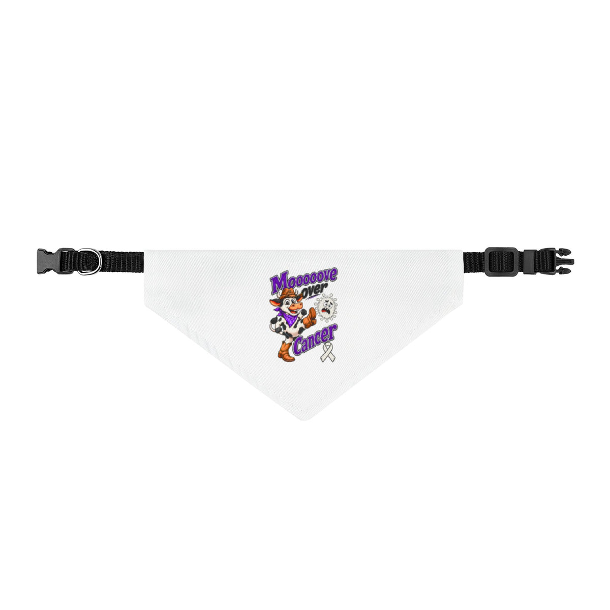 Moooove Over Cancer clip-on pet bandana with Lung Cancer awareness ribbon, front view