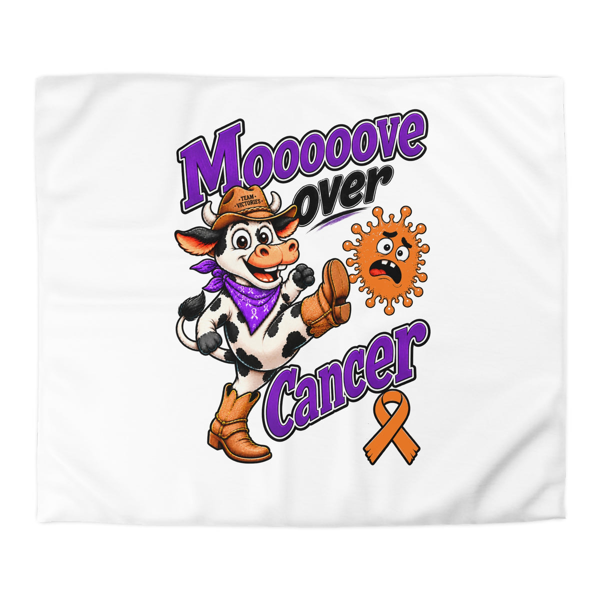 Moooove Over Cancer bedding cover with colorful Western illustration and Leukemia/Kidney Cancer awareness ribbon