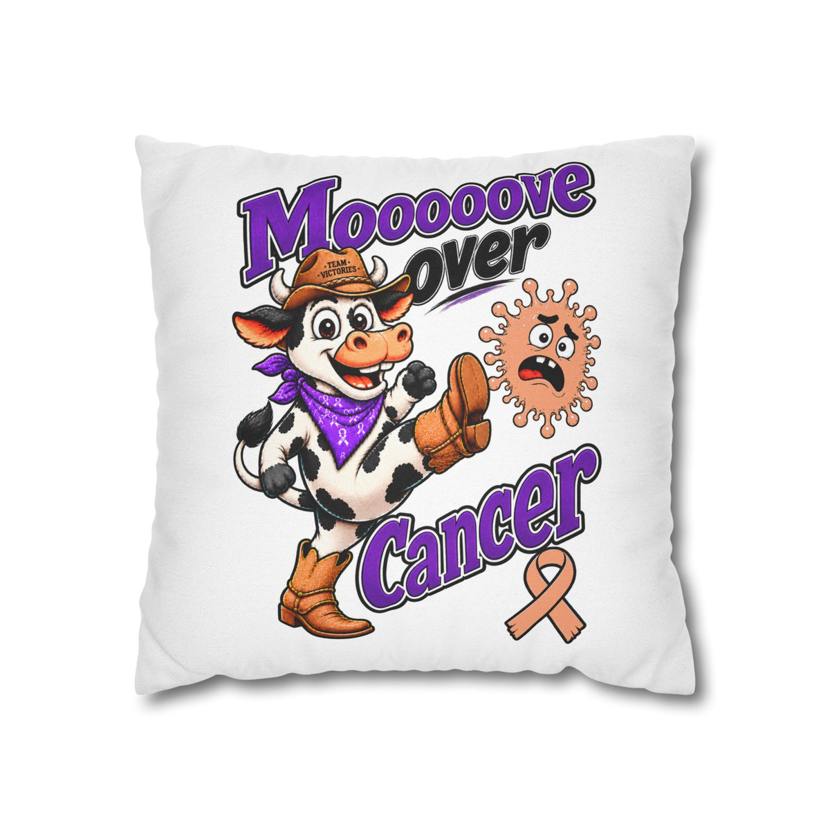 Front view of Moooove Over Cancer pillow case with playful cow design and Uterine Cancer awareness ribbon