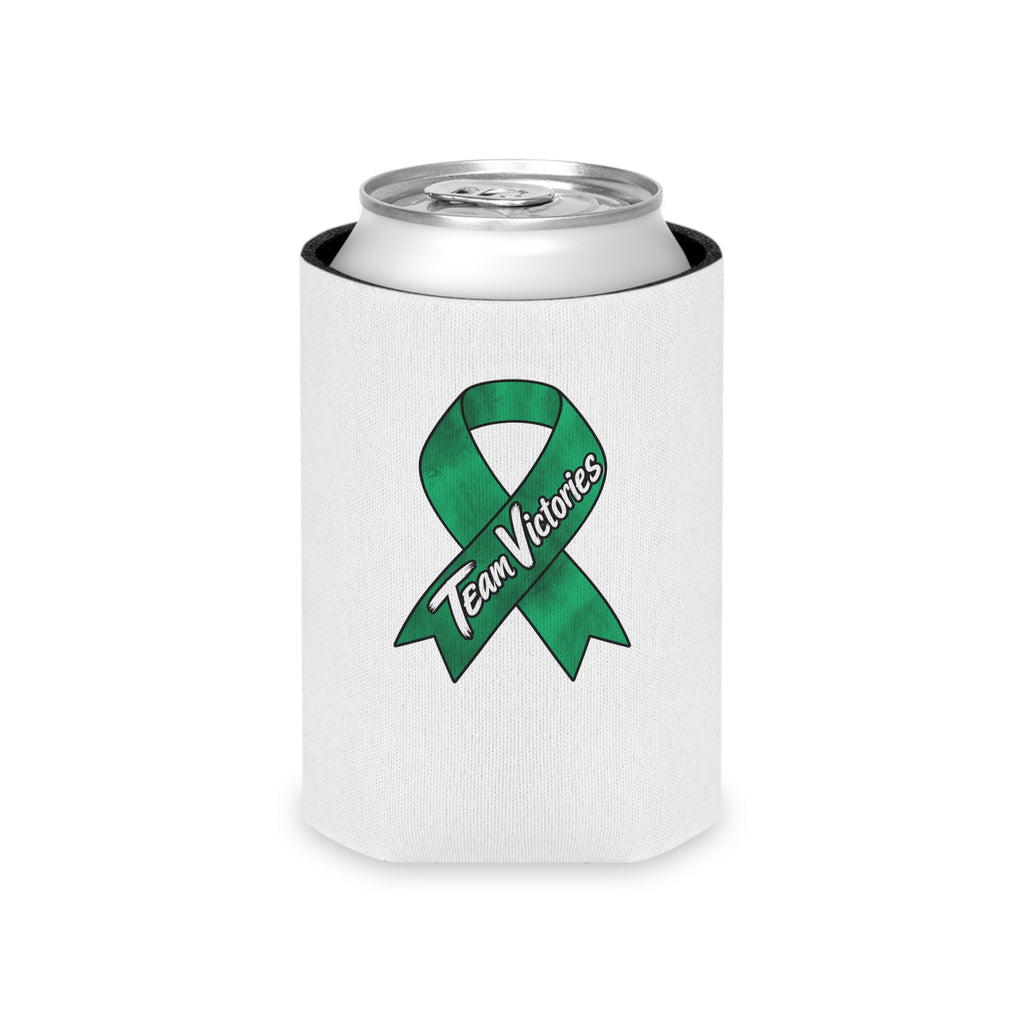 Team Victories green awareness ribbon on a can cooler wrapped around a beverage can