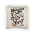 Moooove Over Cancer woven cushion with cowgirl cow artwork and awareness ribbon, front view