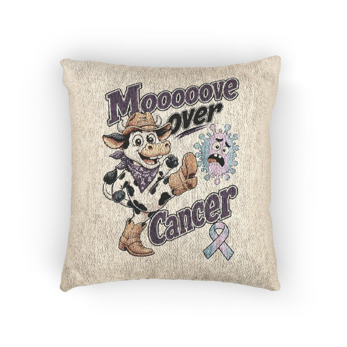 Moooove Over Cancer woven cushion with cowgirl cow artwork and awareness ribbon, front view