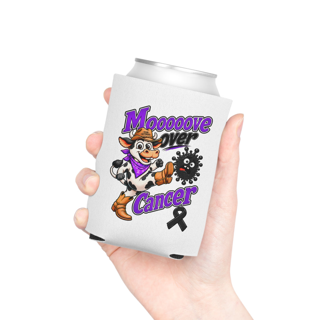 Hand holding the Moooove Over Cancer cow artwork can cooler