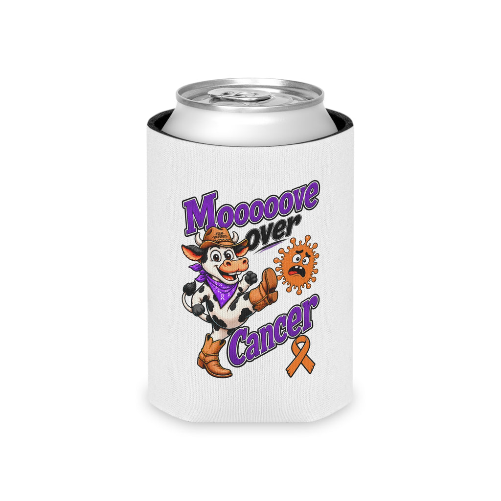 Moooove Over Cancer cow design on a can cooler holding a regular can