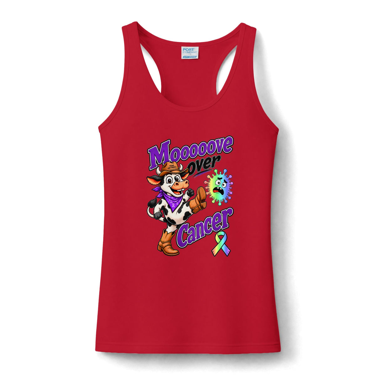Moooove Over Cancer women's tank top in red with all-cancer awareness ribbon design