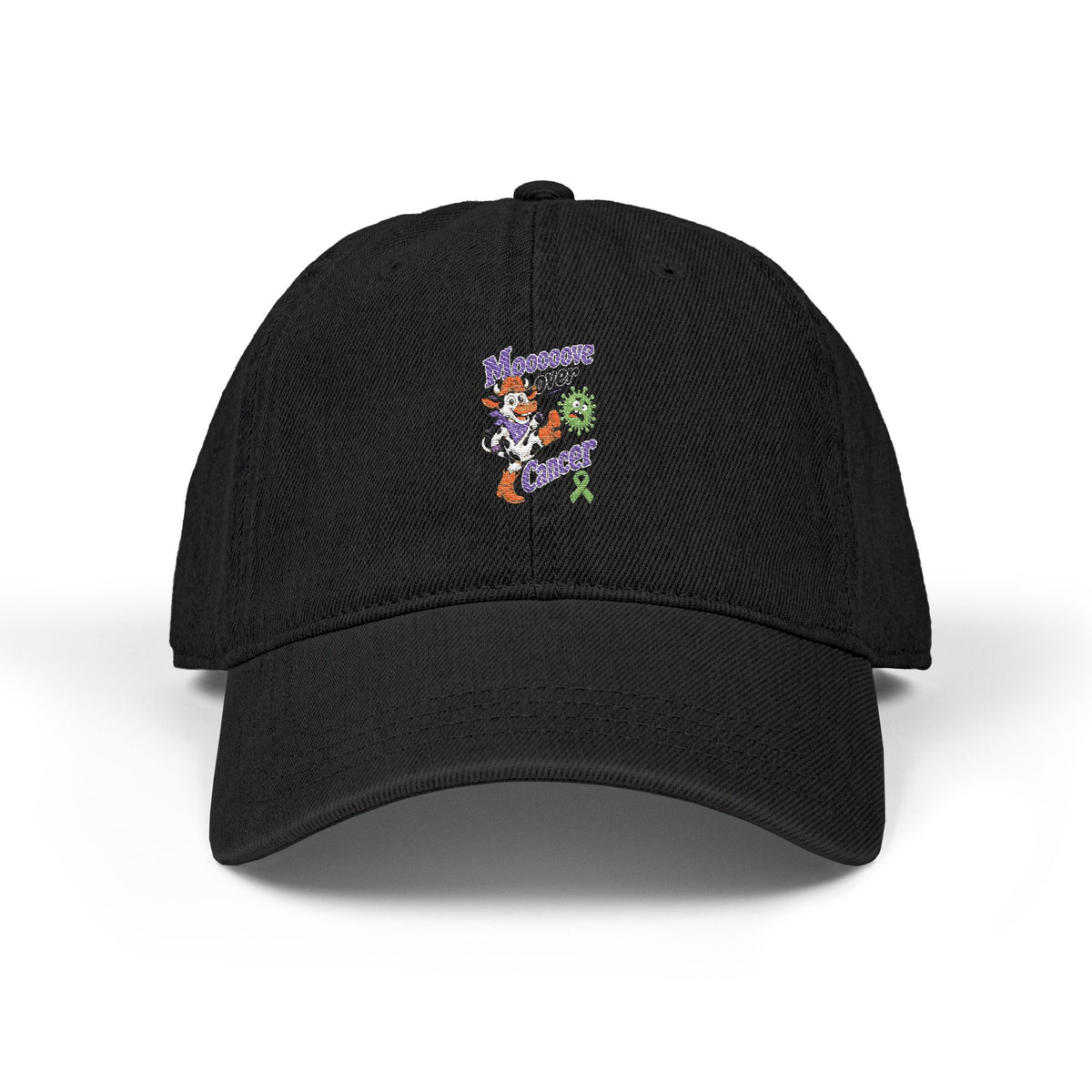 Black Moooove Over Cancer embroidered denim hat with colorful awareness ribbon