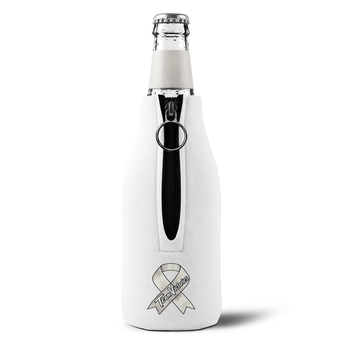 Back view of Moooove Over Cancer bottle cooler sleeve on a bottle with zipper closure