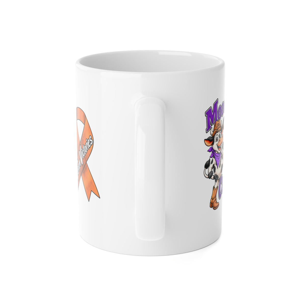 Moooove Over Cancer ceramic mug showing handle and wraparound design