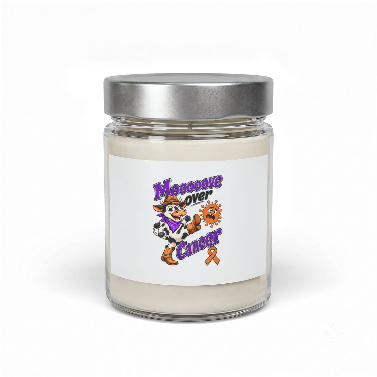 Moooove Over Cancer 9 oz soy candle with orange Leukemia/Kidney Cancer awareness ribbon label
