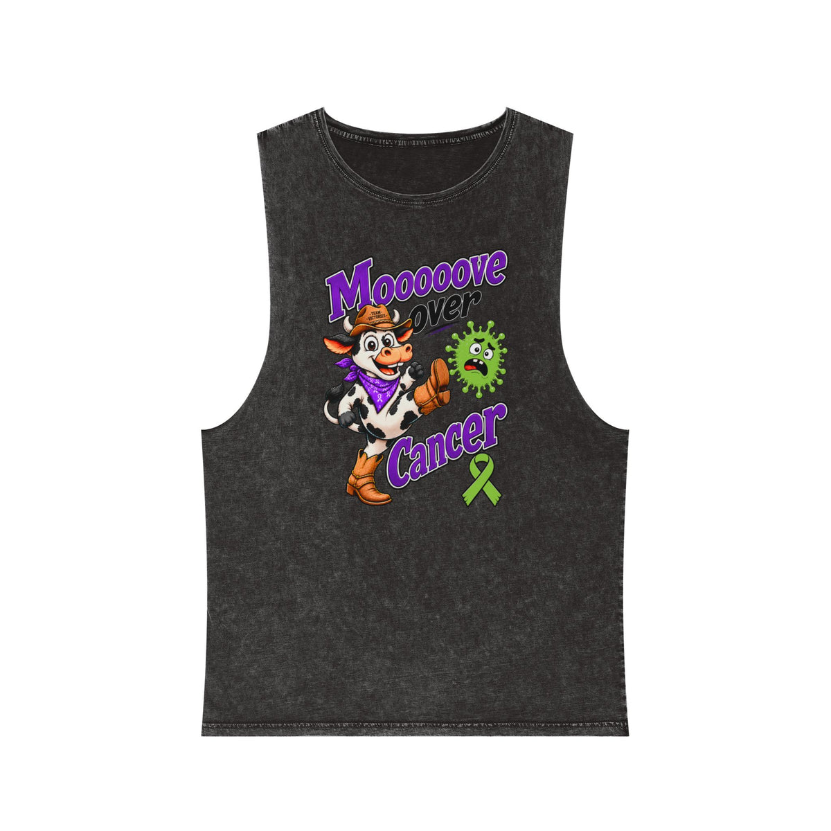 Moooove Over Cancer tank top in black with cowgirl artwork and Non-Hodgkin/Lymphoma Cancer awareness ribbon