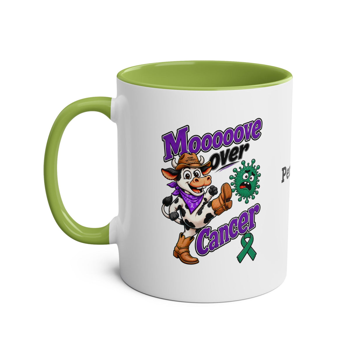 Moooove Over Cancer awareness mug with lime green interior and handle