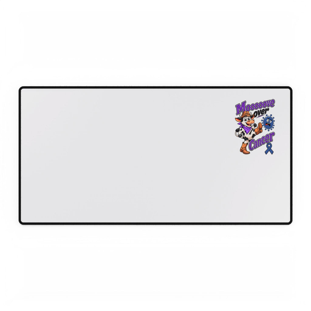 Moooove Over Cancer desk mat with Colon Cancer awareness ribbon artwork, wide size