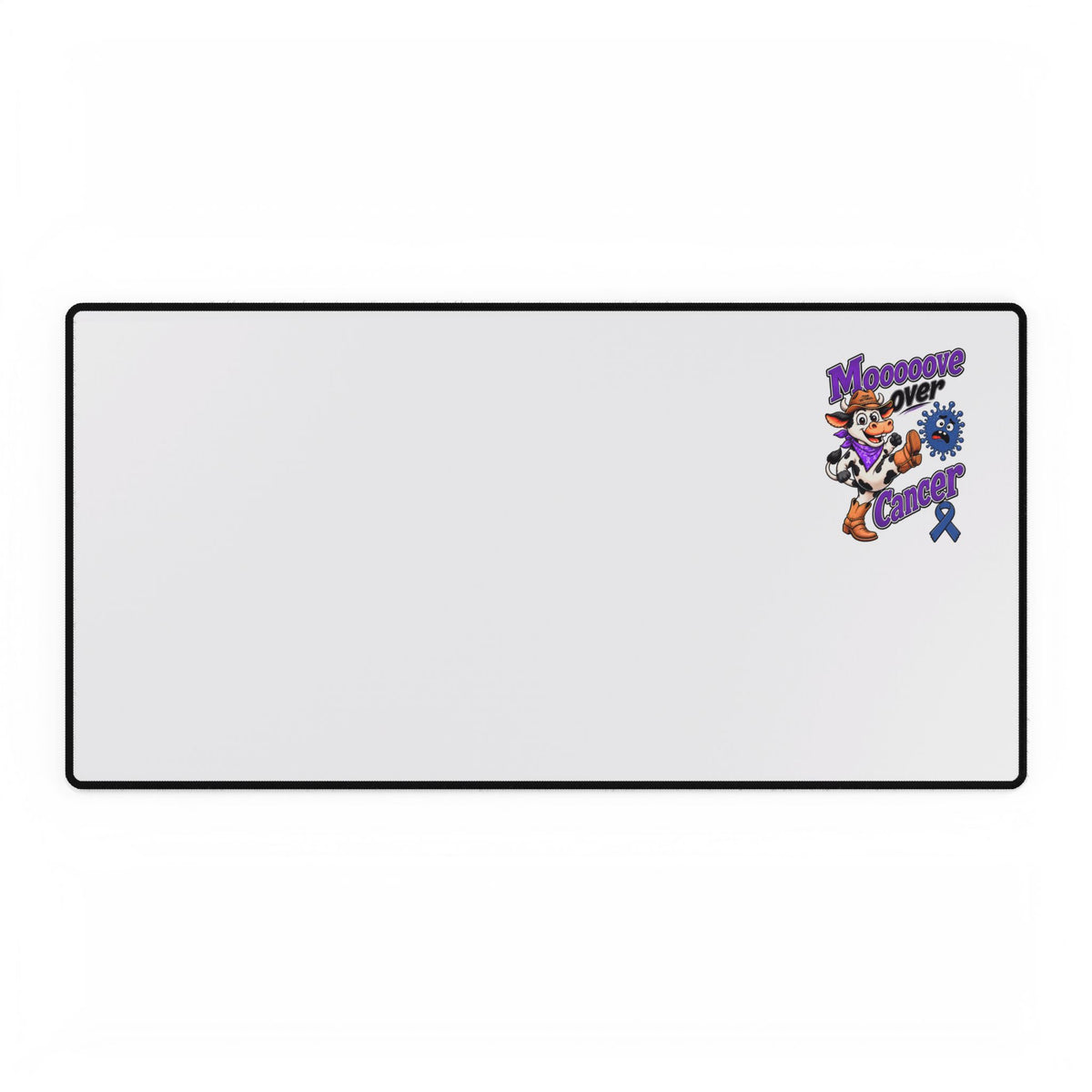 Moooove Over Cancer desk mat with Colon Cancer awareness ribbon artwork, wide size
