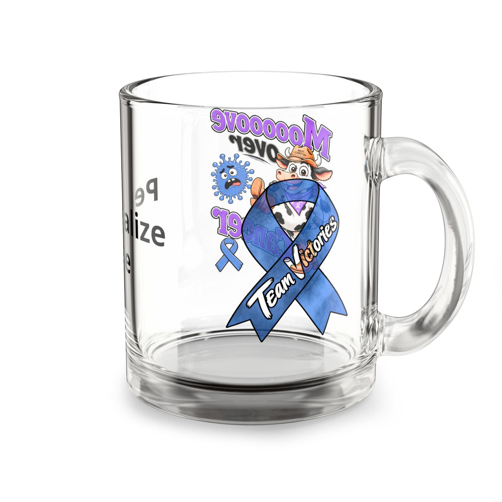 Moooove Over Cancer glass mug featuring a Colon Cancer awareness ribbon and Team Victories design